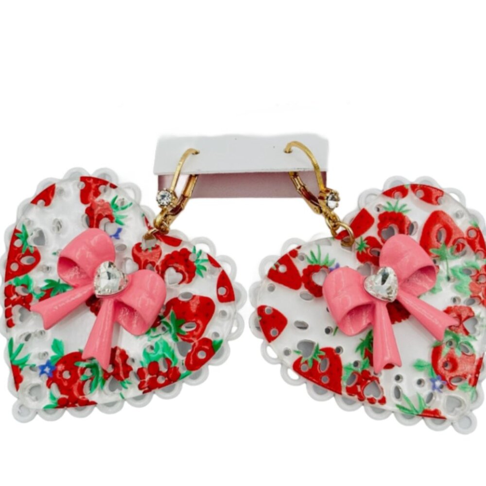 Valentine's Baby Cakes Lucite Strawberry Heart & Bow Earrings - Picture 2 of 4